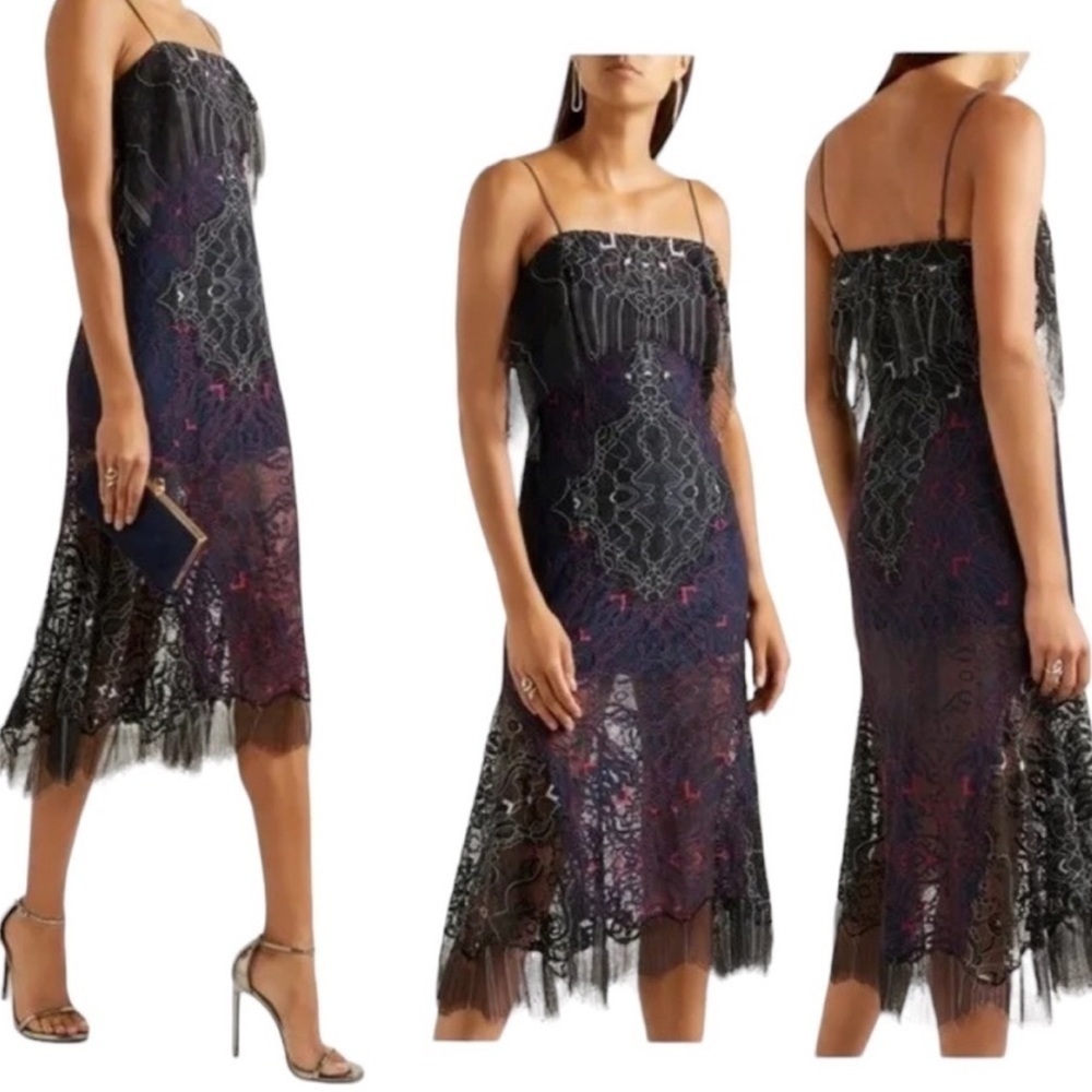 JONATHAN SIMKHAI Midnight & Red Lace‎ Overlay Illusion Midi Dress - Picture 16 of 16